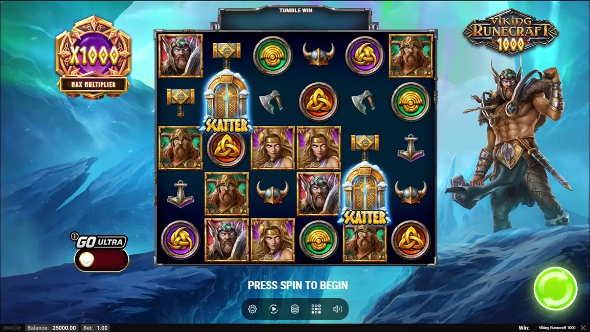 Cena épica de batalha nórdica com o slot Viking Runecraft 1000 ao fundo